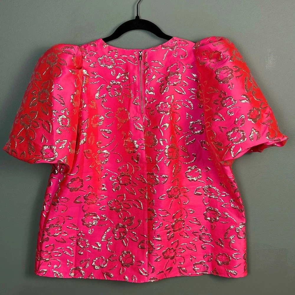 Lilly Pulitzer‎ top Large Pratt Hot Pink Gold Brocade Puff Sleeve Colorful Glam